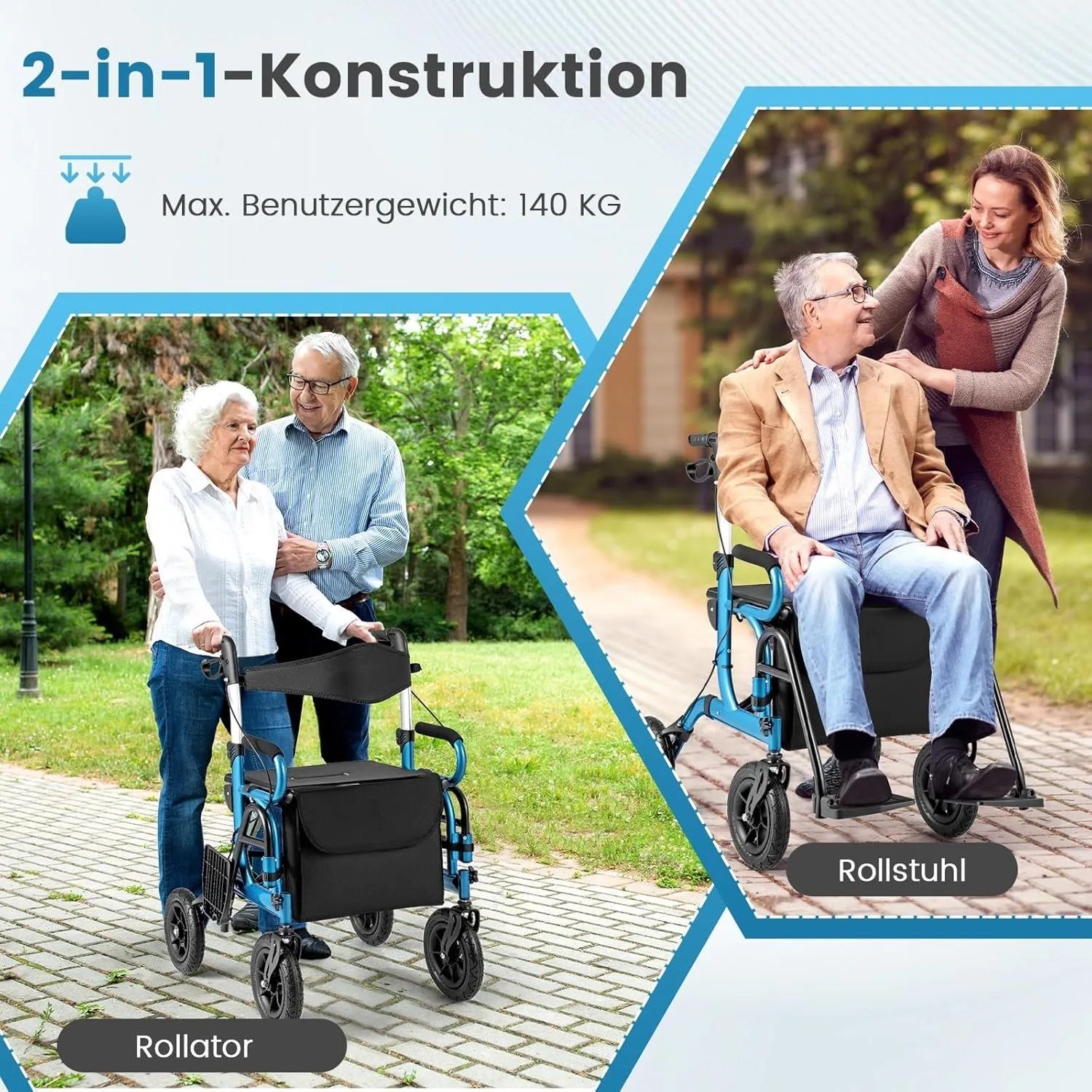 Costway Rollator mit Luftbereifung, als Rollstuhl nutzbar, blau. Senioren Rollator mit Tasche und breitem Sitz.