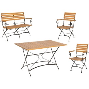 Acamp Gartenmöbel-Set Lindau, 4-teilig: 2 Sessel, 1 Bank, 1 Tisch (120x80 cm), Teakholz/Schwarz.