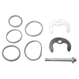Kirchhoff Befestigungssatz M8 für Armaturen: Schraube, Muttern, Dichtungen und Befestigungslaschen.