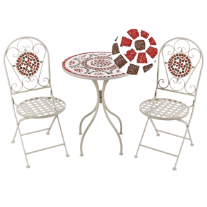 Beliani Bistro Set SPELLO, weiß-rot-grau, mit Mosaikmuster für Garten oder Balkon.