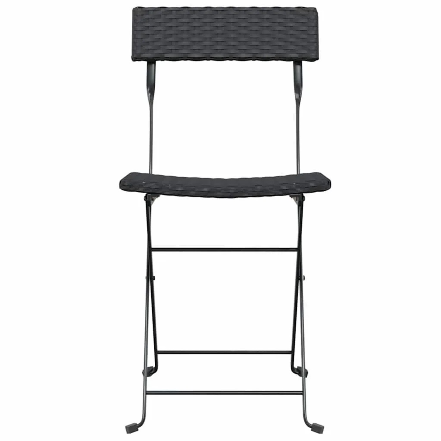 Zwei schwarze, klappbare Bistrostühle aus Rattan und Stahl für den Garten.