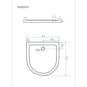 Technische Zeichnung: Halbrunde Duschtasse 90x90 cm mit Ablaufposition und Maßangaben.