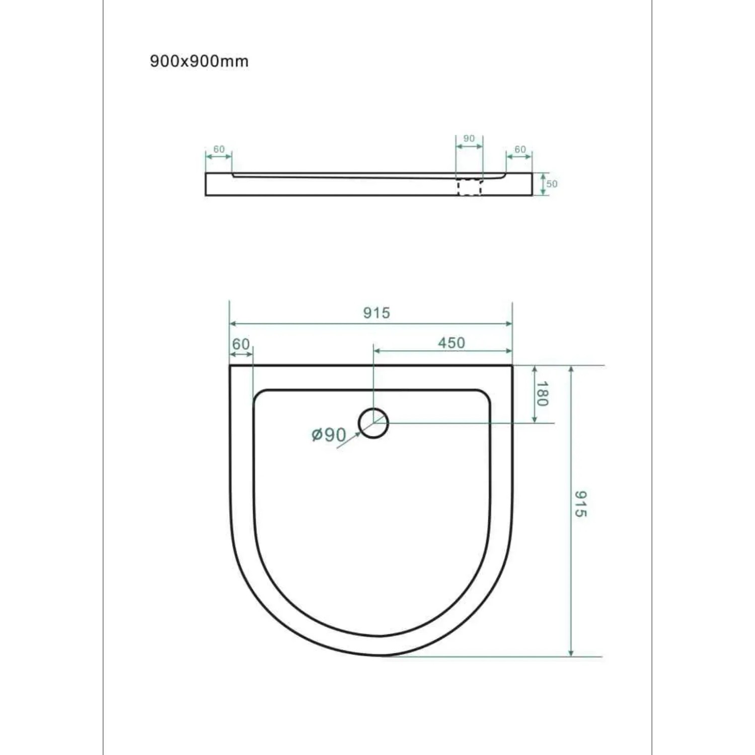 Technische Zeichnung: Halbrunde Duschtasse 90x90 cm mit Ablaufposition und Maßangaben.