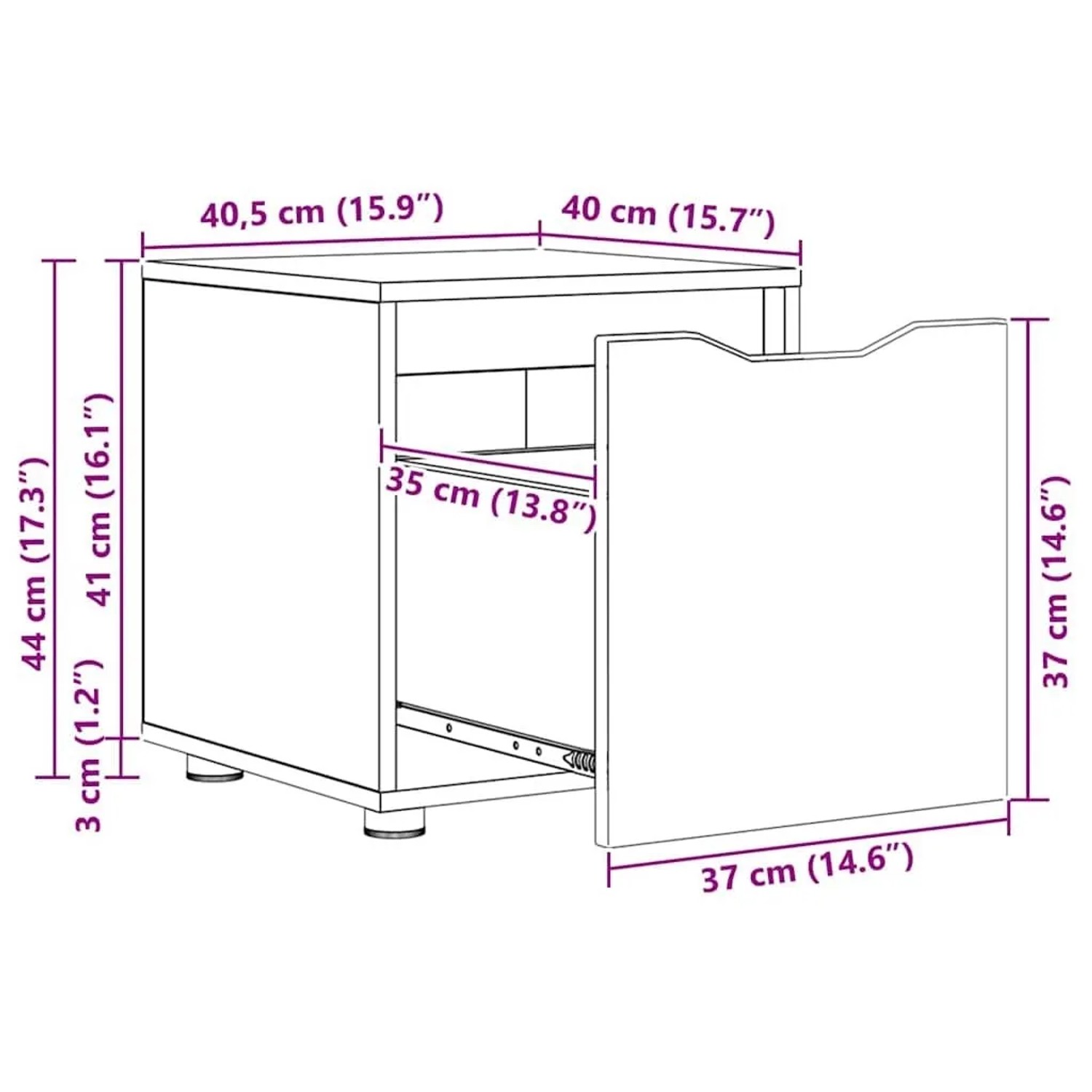 Maßzeichnung des Badezimmerschranks mit offener Schublade. Zeigt die Abmessungen 40,5x40x44 cm.