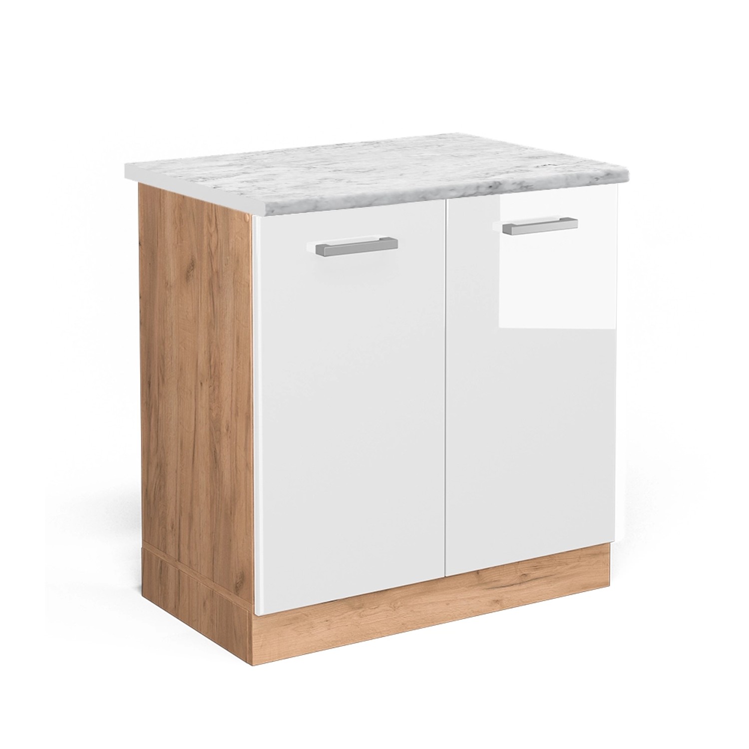 Vicco Spülenunterschrank R-Line Weiß Hochglanz/Goldkraft Eiche 80 cm AP Marmor