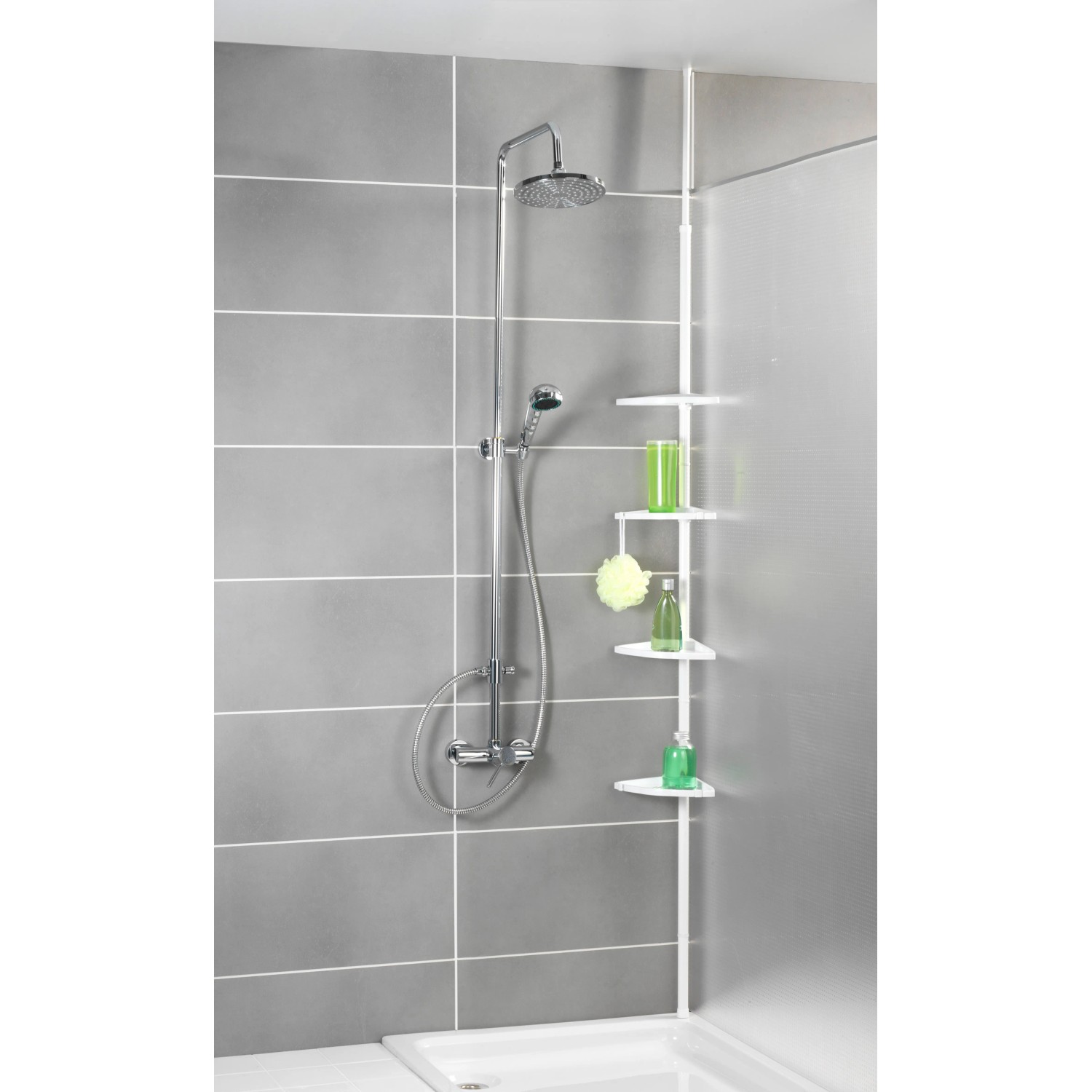 Wenko Teleskop-Duschecke Compact, weißes Aluminium, mit vier Ablagen in der Dusche.