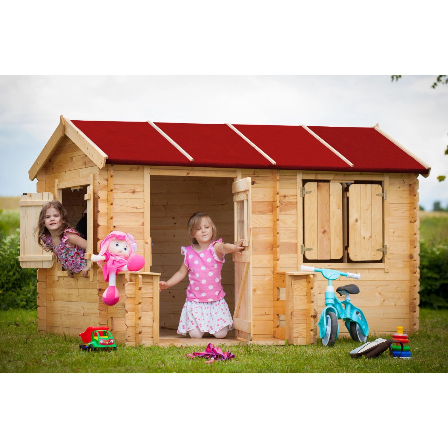 Timbela Kinderspielhaus Holz M503 2,63 m² mit Boden, Fensterläden und