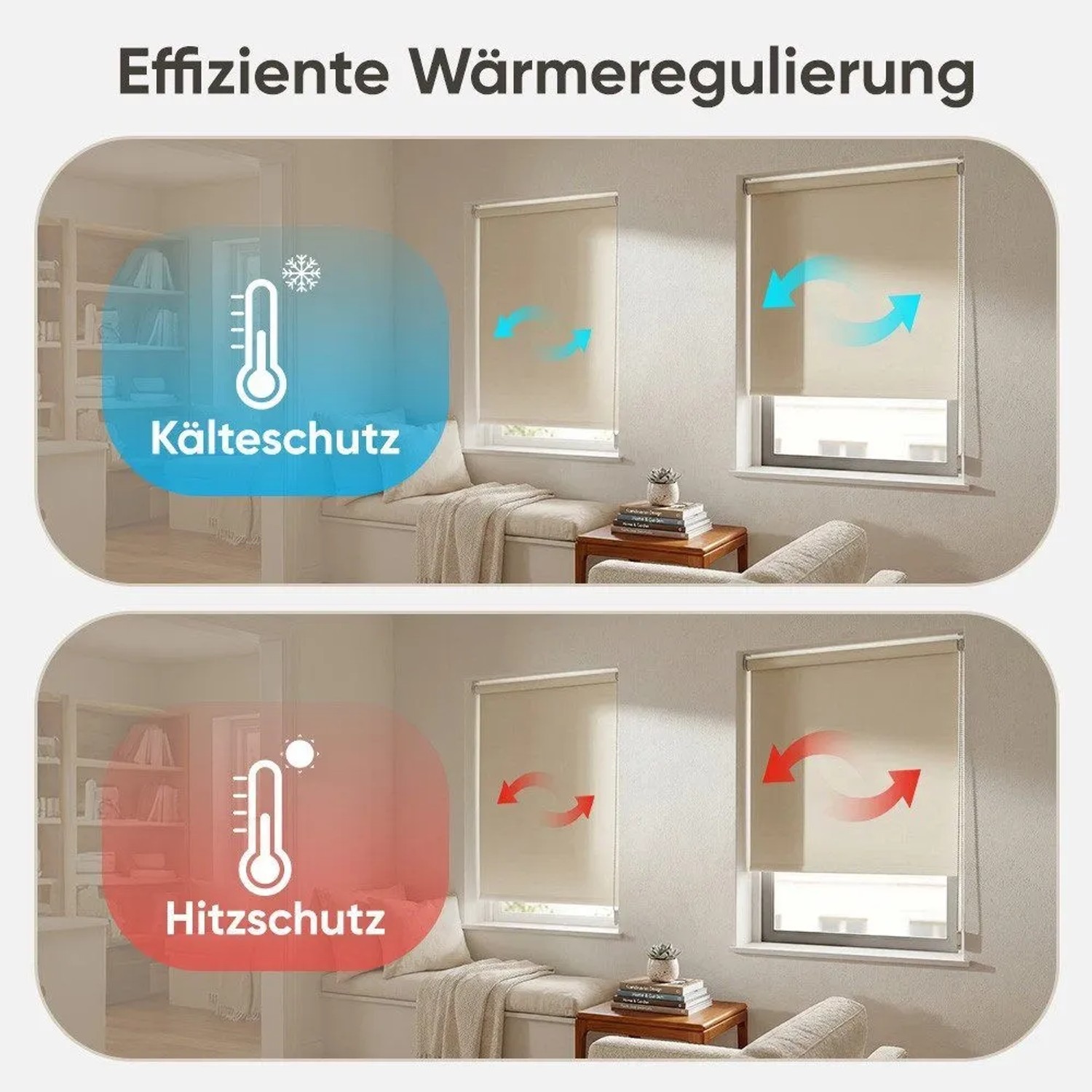 Sekey Seitenzugrollos in Beige: Illustration zur Wärme- und Kälteregulierung in Wohnräumen.