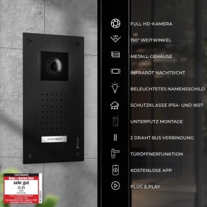 Schwarze Balter Entri L Video Türklingel mit Full HD Kamera, App-Steuerung und Unterputzmontage.