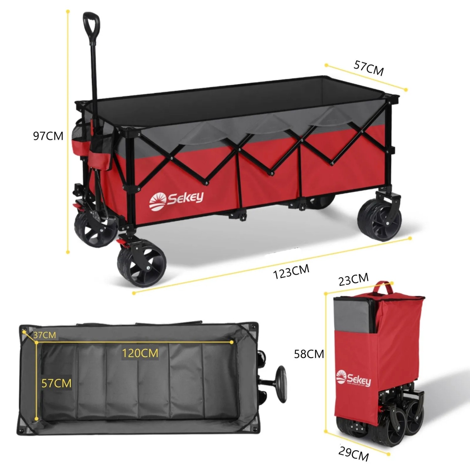 Sekey XXXL Bollerwagen, rot, faltbar, mit 200 kg Tragkraft und 300 l Ladevolumen. Ideal für Camping.