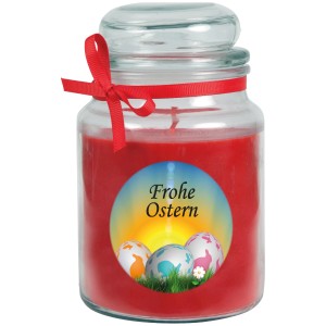 Rote Duftkerze im Glas mit "Frohe Ostern" Motiv und Ostereiern, Ø10cm. Dekorative Osterkerze.