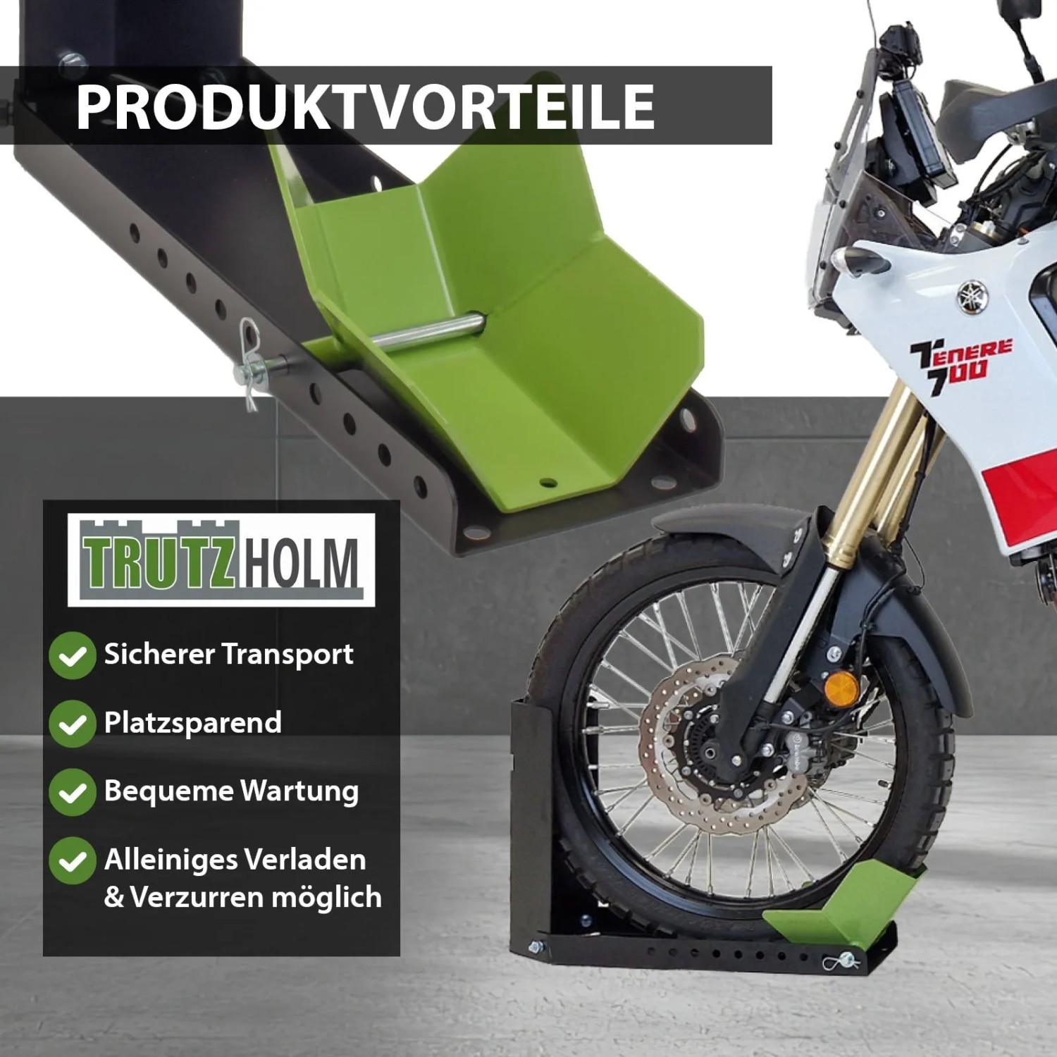 TRUTZHOLM Motorradwippe aus Stahl, 10-fach verstellbar für Radgrößen 8-24 Zoll, zur sicheren Motorradbefestigung.