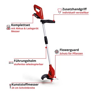 Einhell Akku-Rasentrimmer GC-CT 18/24 Li mit Akku, roter Trimmer mit Flowerguard und verstellbarem Holm.
