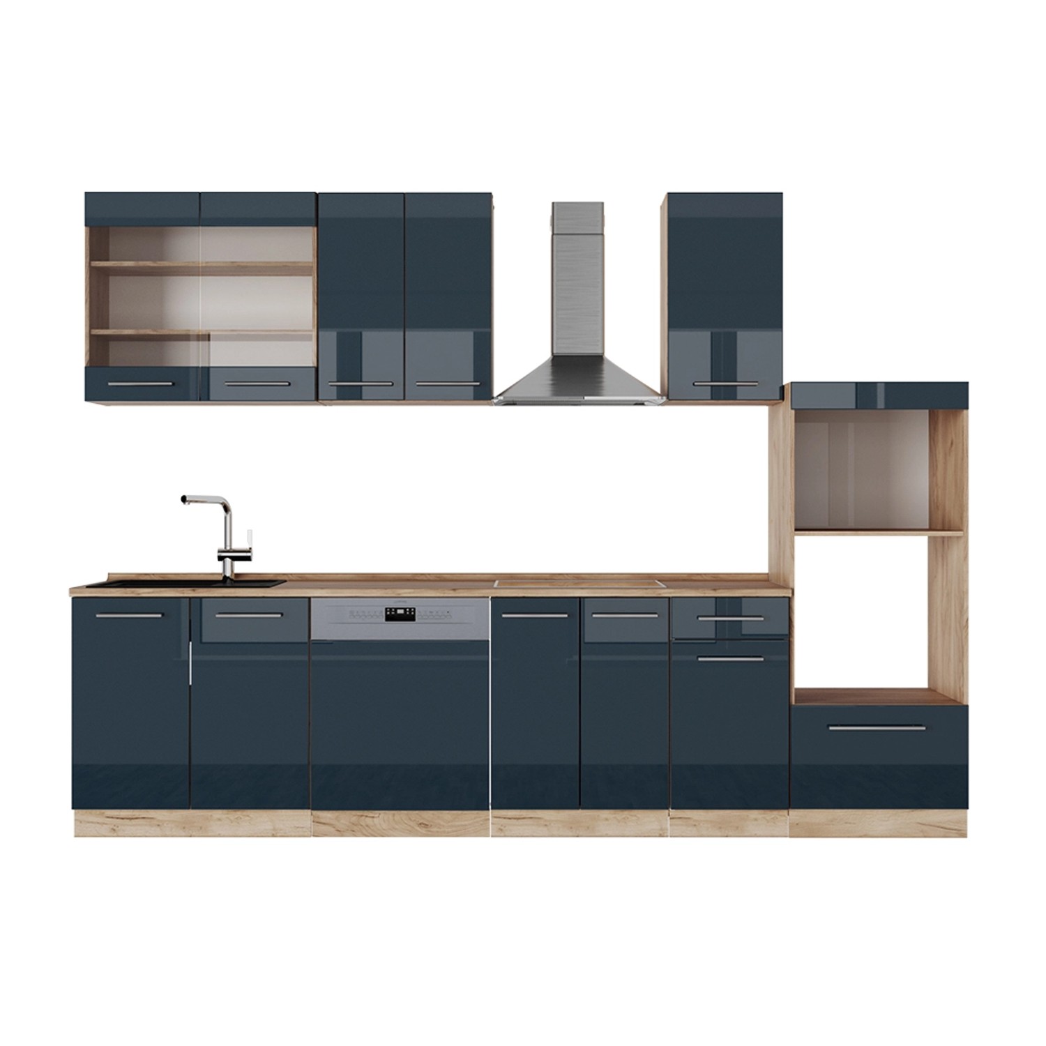 Vicco Fame-Line Küchenschränke Dunkelblau Hochglanz/Goldkraft Eiche 300 cm günstig online kaufen