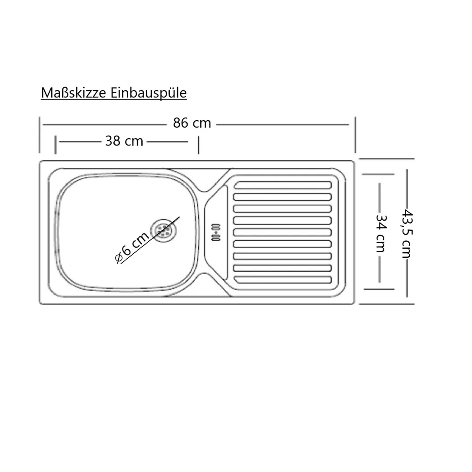 Maßskizze Einbauspüle für Held Möbel Küchenzeile Turin, 86x43,5 cm