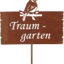 Rostfarbener Gartenstab mit Vogelmotiv und Schriftzug "Traumgarten" als Gartendeko.