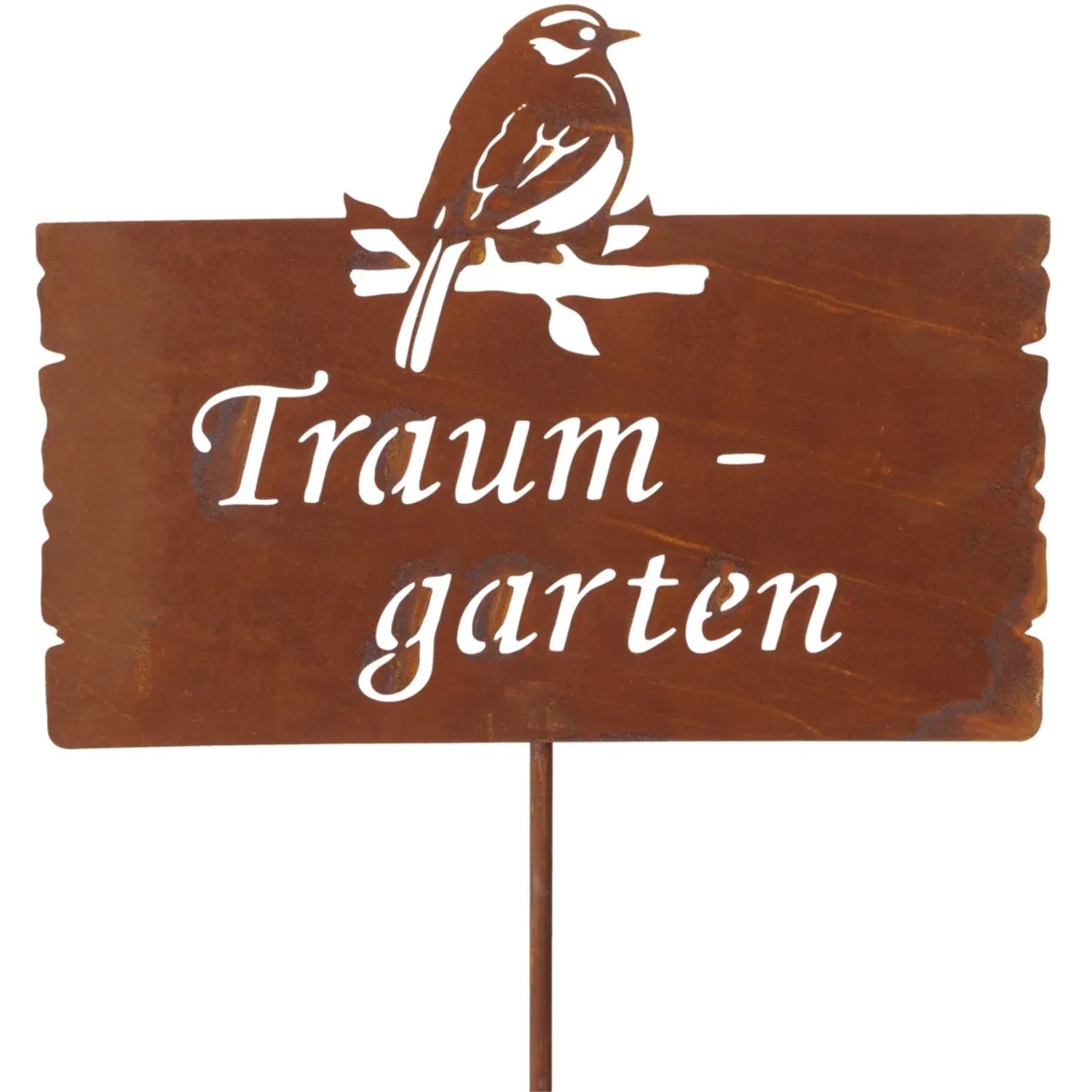 Rostfarbener Gartenstab mit Vogelmotiv und Schriftzug "Traumgarten" als Gartendeko.