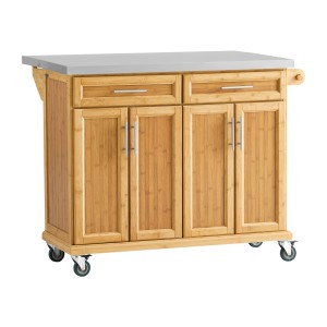 SoBuy Kücheninsel FKW69-N: Küchenwagen aus Bambus mit Edelstahlplatte und Rollen.