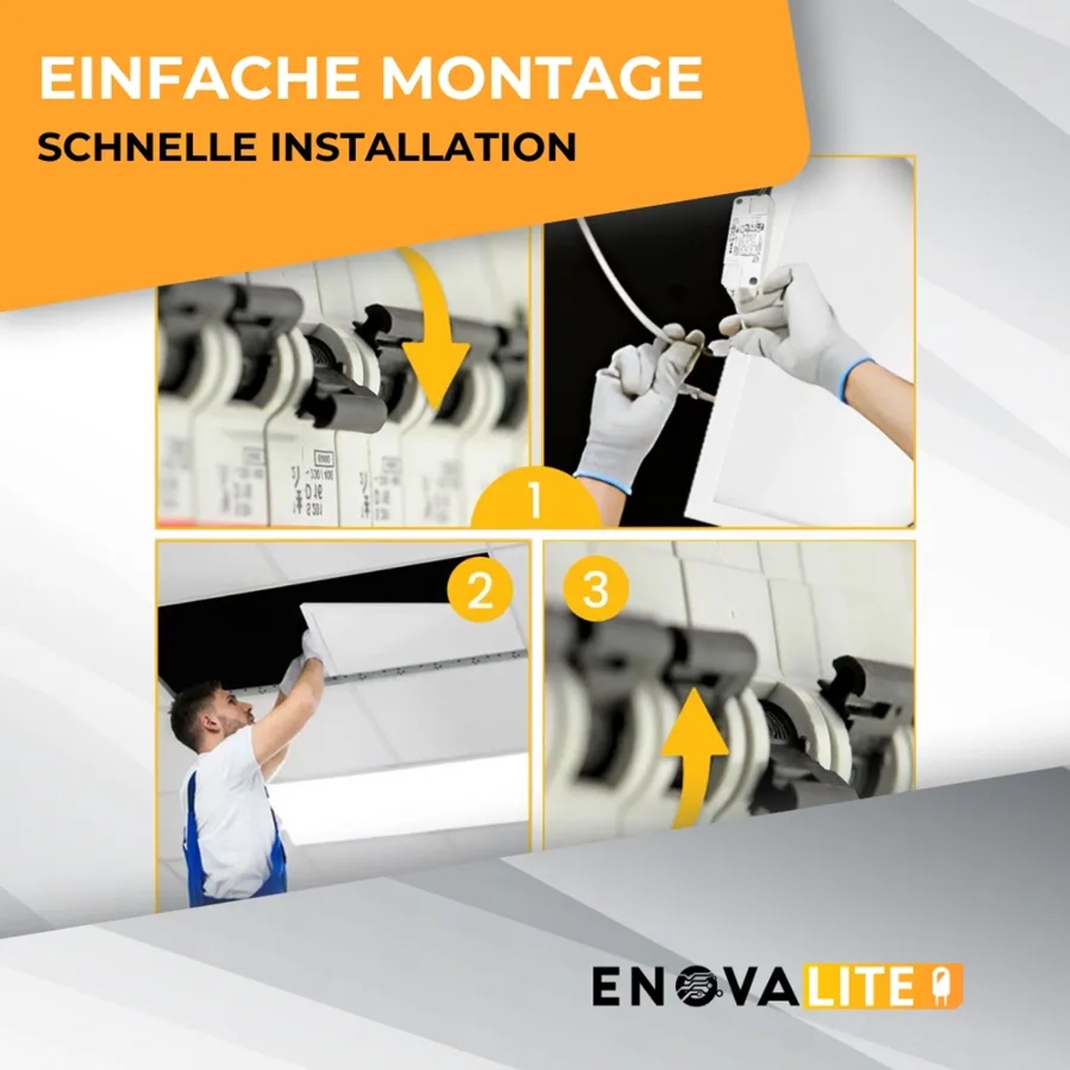 Montageanleitung: ENOVALITE LED-Panel 120x30 cm Deckenleuchte, einfache Installation in 3 Schritten.