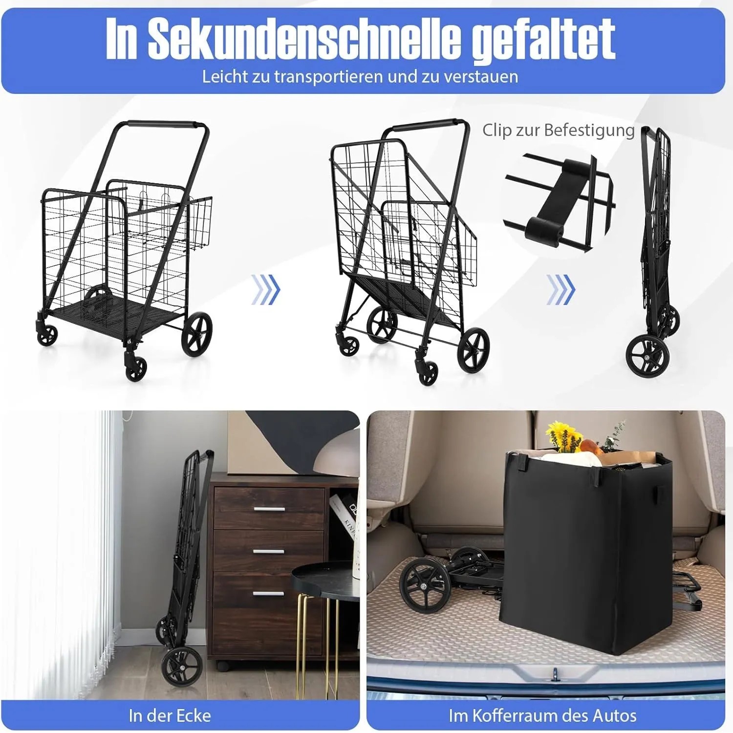 Costway Klappbarer Einkaufswagen auf Rollen, schwarz, in verschiedenen Faltzuständen und Nutzungsszenarien.