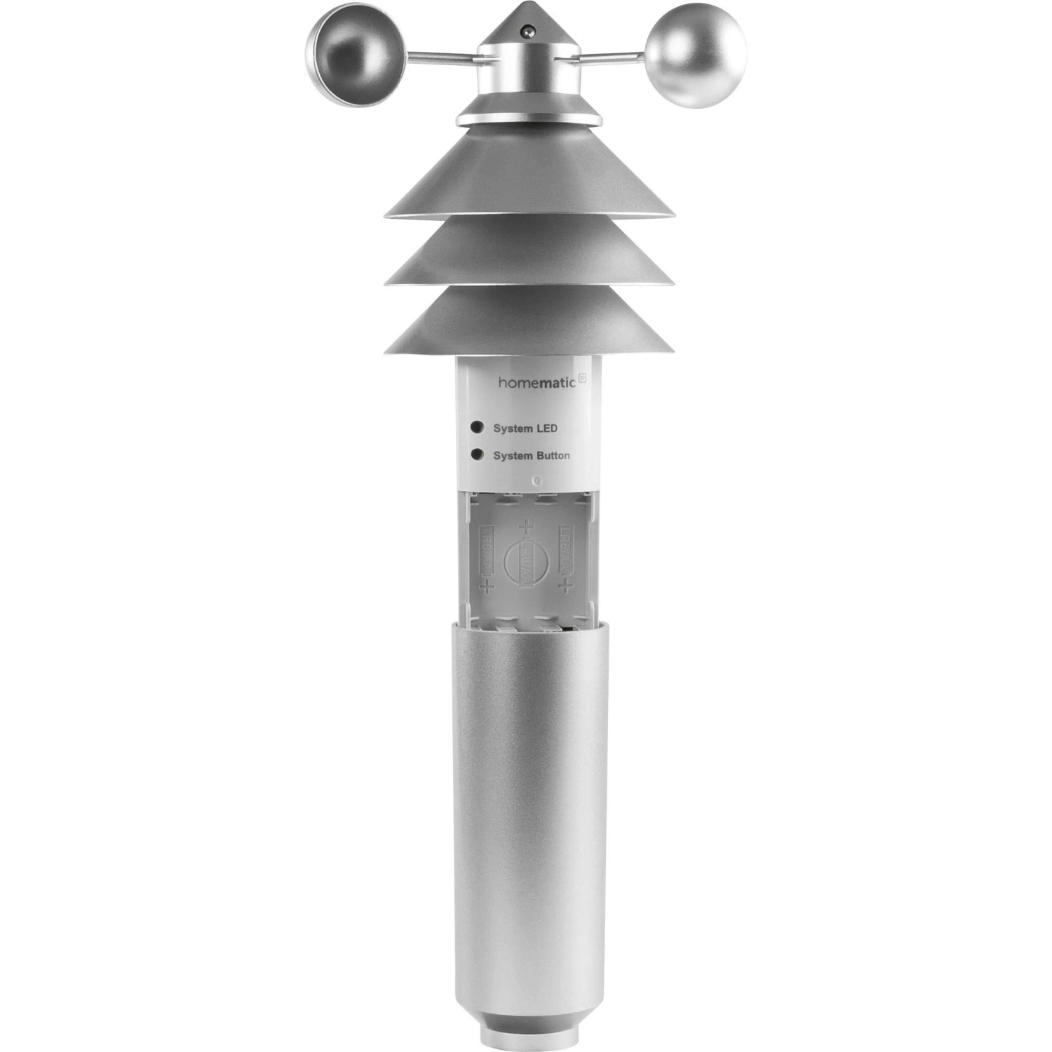 Silberner Homematic IP Wettersensor basic mit Windmesser, Sensoren für Temperatur, Luftfeuchtigkeit. Smart Home Hausautomation.