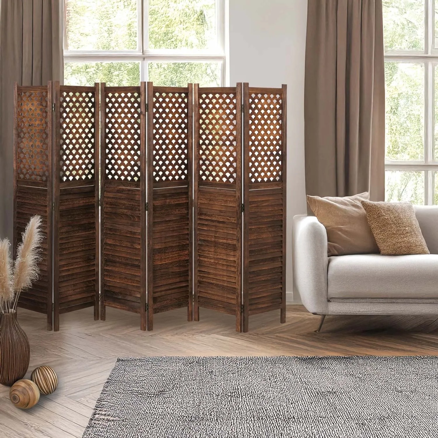 Brauner MCW Paravent A84, 170x245cm, 6-teilig, im Wohnraum als Raumteiler.