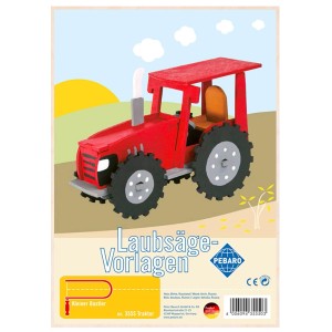 Pebaro Laubsägevorlage Traktor: A4 Sperrholzplatte mit rotem Traktor zum Basteln.