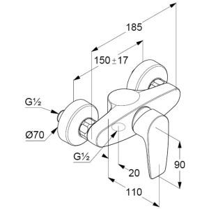 Technische Zeichnung: Kludi PURE&SOLID Brause-Einhandmischer in Chrom mit Maßangaben.