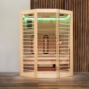 Redsun Deluxe Infrarotkabine XL aus Tannenholz mit Glasfront und Vollspektrumstrahlern.
