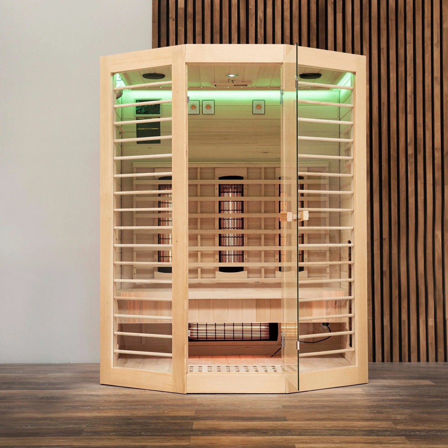Redsun Deluxe Infrarotkabine XL aus Tannenholz mit Glasfront und Vollspektrumstrahlern.