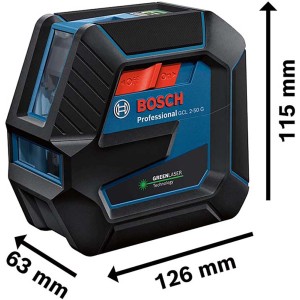Bosch Professional GCL 2-50 G Kreuzlinienlaser mit grüner Lasertechnologie und Maßangaben.