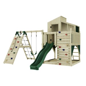 PolarPlay Spielturm Julie mit Schaukel, Kletterwand und grüner Rutsche. Spielanlage aus Holz für den Garten.