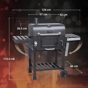 Taino Hero XL Holzkohlegrill, schwarz, mit klappbaren Seitentischen, Rädern, Temperaturanzeige und Kurbel. 124x66x113,5 cm.