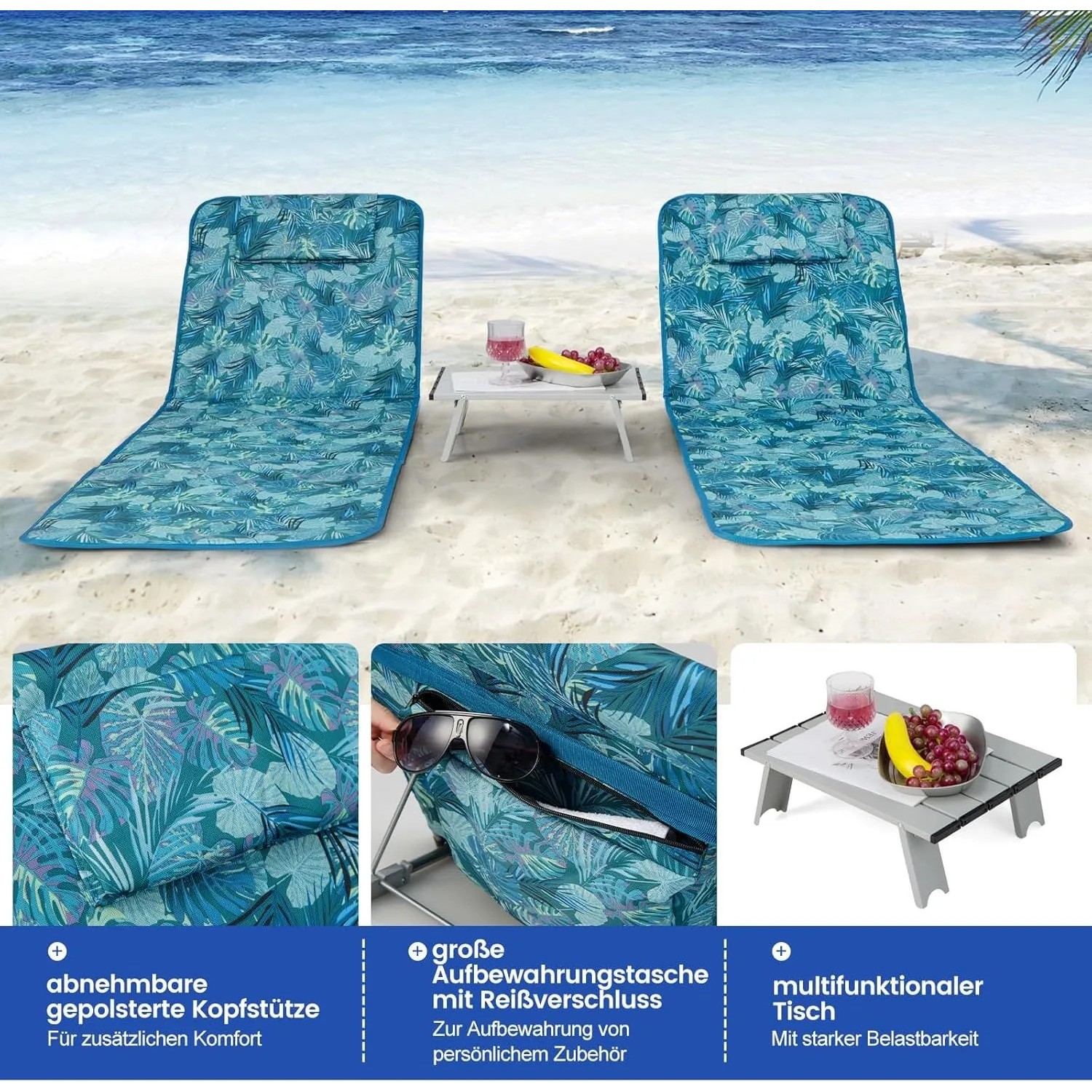 Costway 2er Set Strandmatte mit Beistelltisch Kopfkissen Türkisblau_6