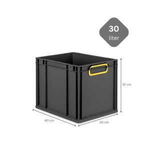 Schwarze PROREGAL Eurobox 30L mit gelben Griffen und Deckel. Aufbewahrungsbox, Transportbox.