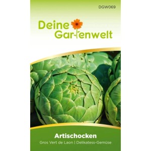 Samenpackung Deine Gartenwelt Artischocken Gros Vert De Laon. Zeigt eine große, grüne Artischockenblüte für Gemüsegarten.
