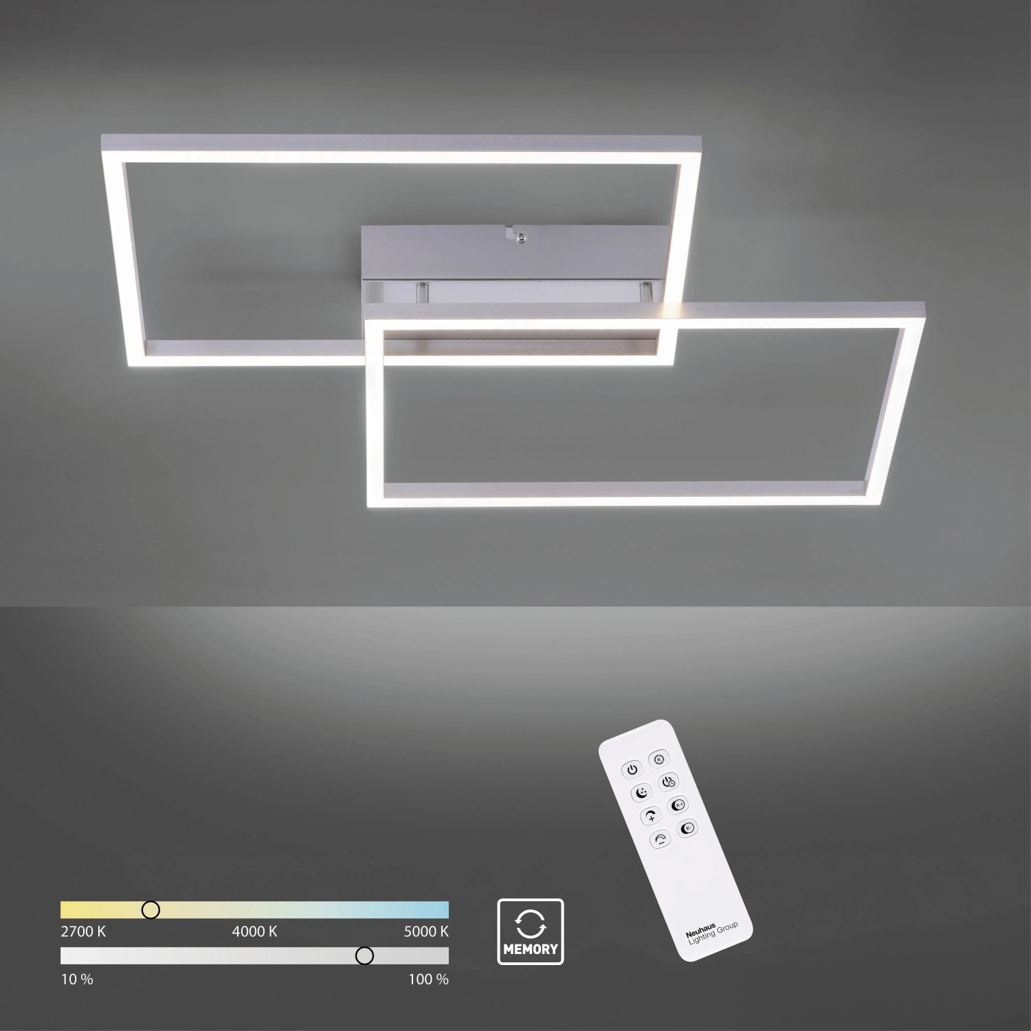 Moderne, dimmbare LED Deckenleuchte Iven aus Stahl, 75,5x56,2cm, mit Fernbedienung.