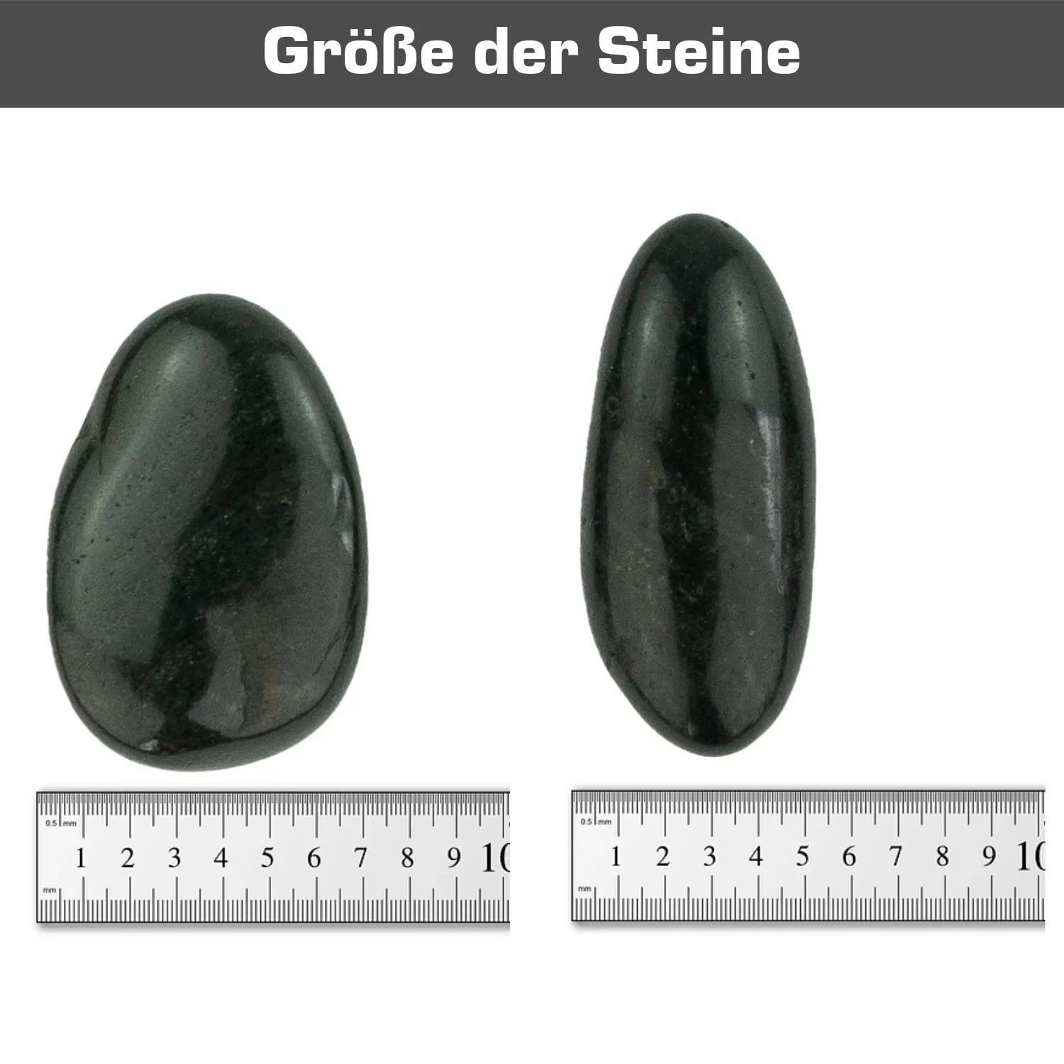Zwei polierte, schwarze Zierkiesel (5-8 cm) mit Größenangabe (Lineal).
