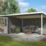 Grau-grünes Lasita Gartenhaus St Louis mit Doppeltür und überdachtem Anbau.
