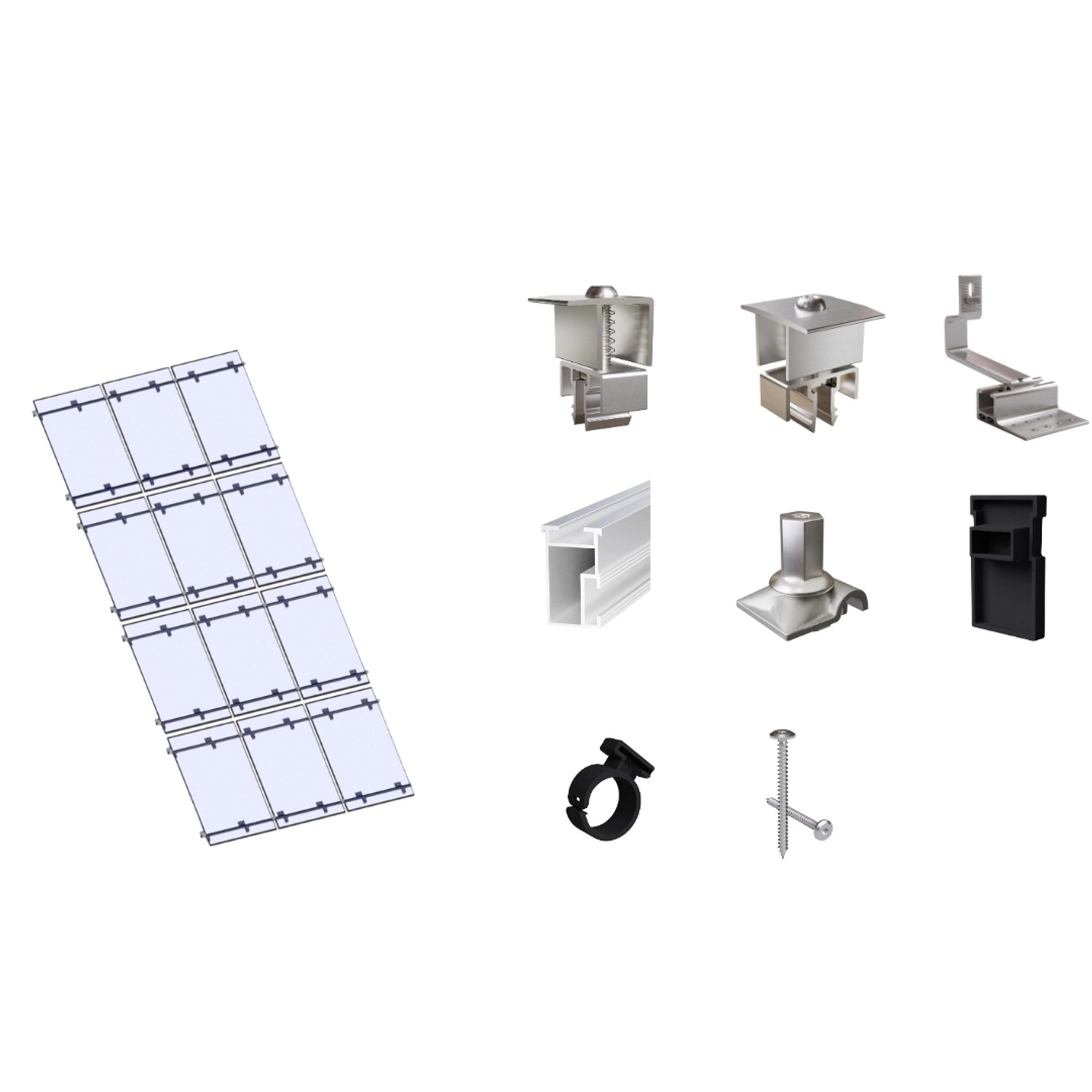 SolMount Montageset Schrägdach 12 Module Anordnung 3 Module nebeneinander und 4 Module untereinander Aluminium Natur