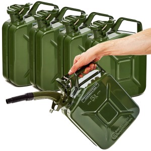 Olivgrüne 5L Metall Kraftstoffkanister (5er Set) mit Ausgießer. Pannenhilfe für Auto & Motorrad.