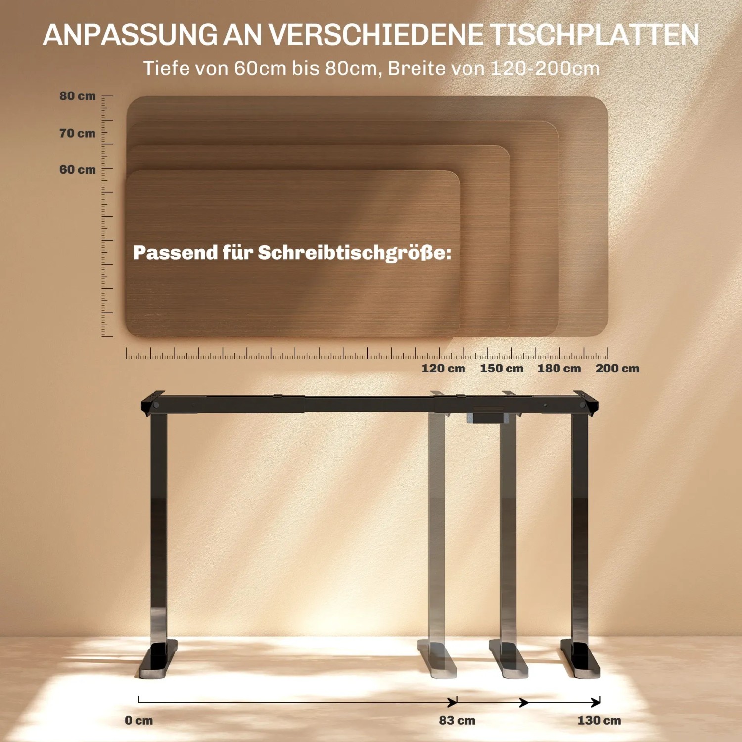 Höhenverstellbares Schreibtischgestell in Schwarz mit Maßangaben für passende Tischplatten.