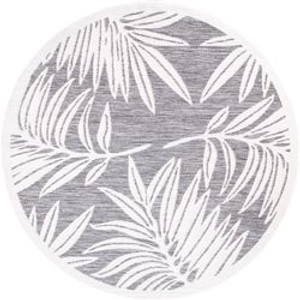 Grauer, runder Outdoor Teppich (200x200 cm) mit weißem Palmenblatt-Muster.