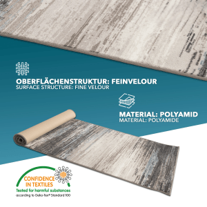 Moderner KARAT Teppichläufer Archway, beige-grau, 80x350 cm, aufgerollt.