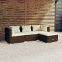 Braunes 4-tlg. vidaXL Garten Lounge Set aus Rattan mit creme Kissen.