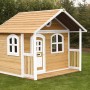 Axi Milan Spielhaus aus Holz in Braun und Weiß mit Veranda und Tür.