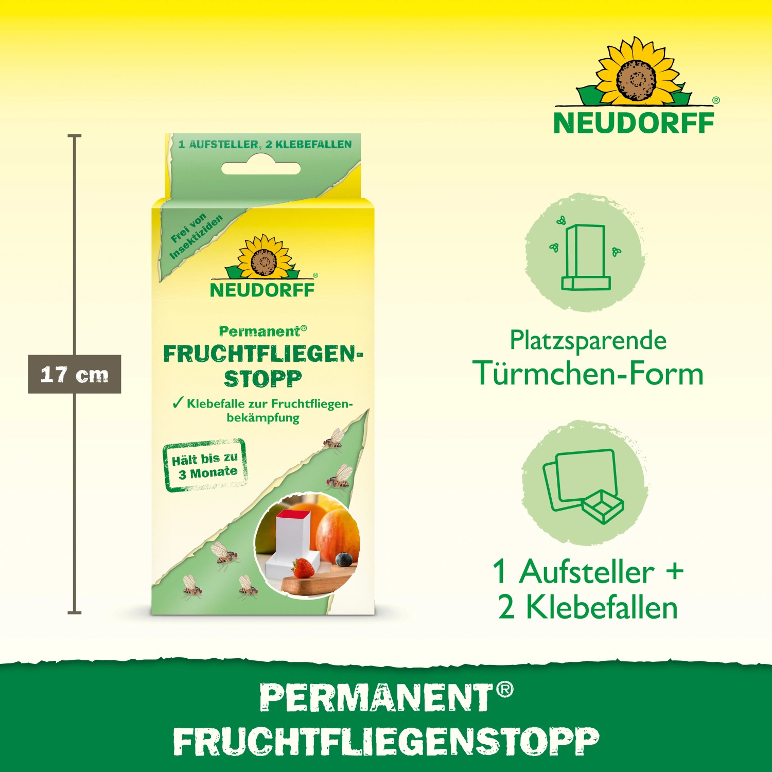 Neudorff Fruchtfliegenstopp Permanent, 2er Packung. Klebefalle mit Aufsteller zur Bekämpfung von Fruchtfliegen.