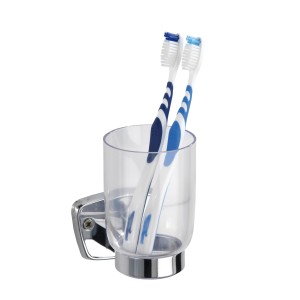 Wenko Zahnputzbecher Basic mit zwei Zahnbürsten, transparentem Kunststoffbecher und Edelstahlhalterung.