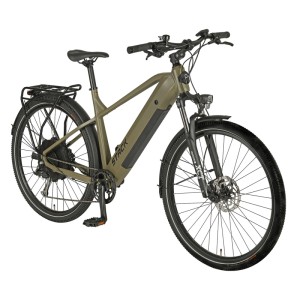 Matt moosgraues Prophete E-Bike ATB Stack 2.0 mit 29 Zoll Rädern. Diamantrahmen, Hinterradmotor, Federgabel, Scheibenbremsen, Gepäckträger.