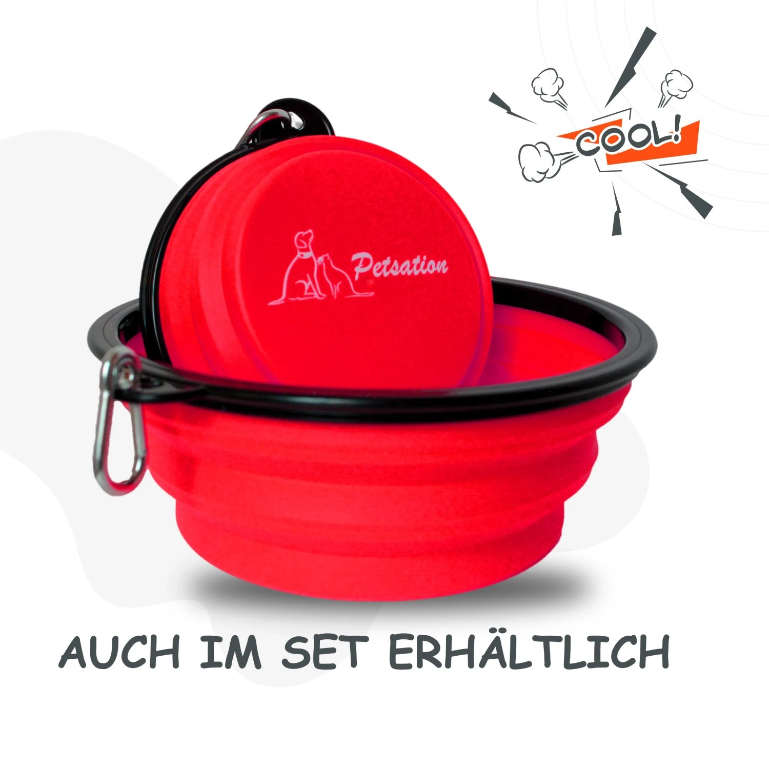 Roter, faltbarer Petsation Reisenapf (350+1000ml) mit Karabinerhaken. Ideal für Hunde.